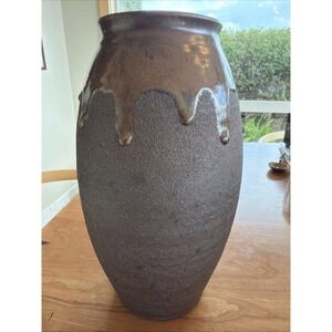 Heavy‎ Hand Thrown Studio Pottery Vase 10.5" Dark Stoneware Drip Glaze SLM